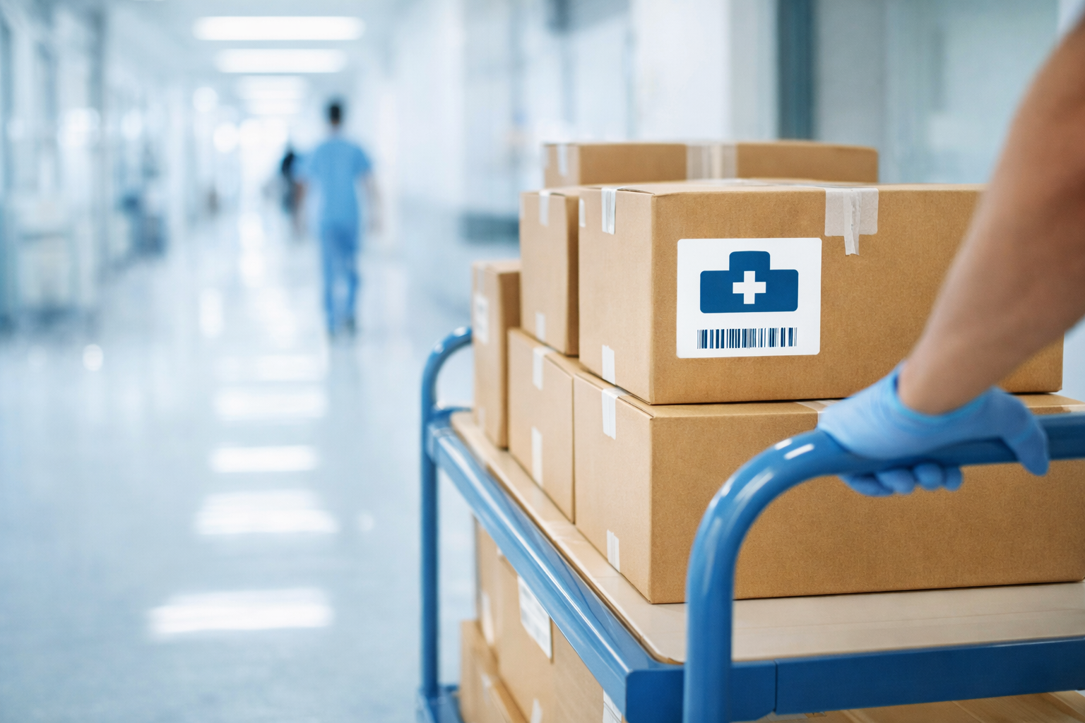 About medical supply delivery in hospital corridor